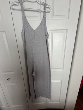 Caution To The Wind Ribbed V-Neck Sleeveless Jumpsuit - Light Gray